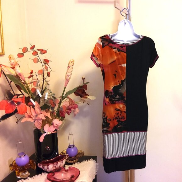 NWOT OH LA LA! Women's Short Sleeve Scoop Neck Black Orange Printed Summer Dress - Picture 8 of 8